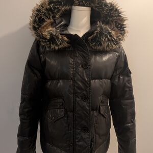 Joe Fresh Women's Dark Brown Puffer Jacket with Faux Fur Trim